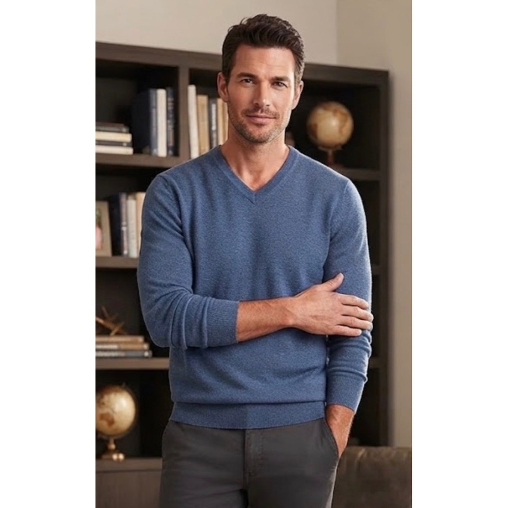 UNTUCKit Mens Blue 100% Cotton V-Neck Pullover Sweater Medium Heathered